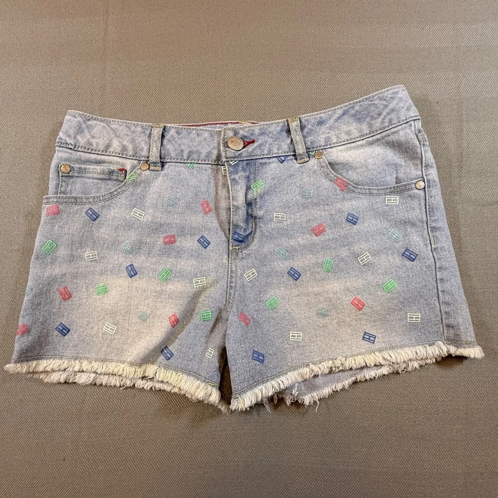 Tommy Hilfiger Girl Size 16 Light Wash Embroidered Flag Denim Shorts Cutoff 2069